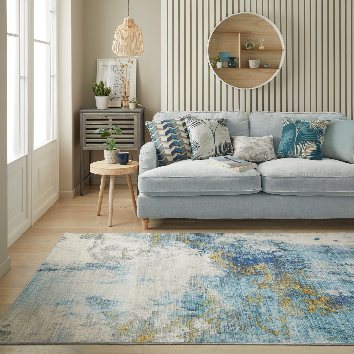 A blue and gold machine-washable rug