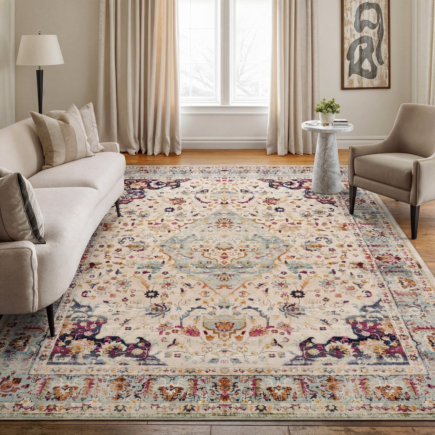 A blue and gold traditional rug of the kind that holds its value