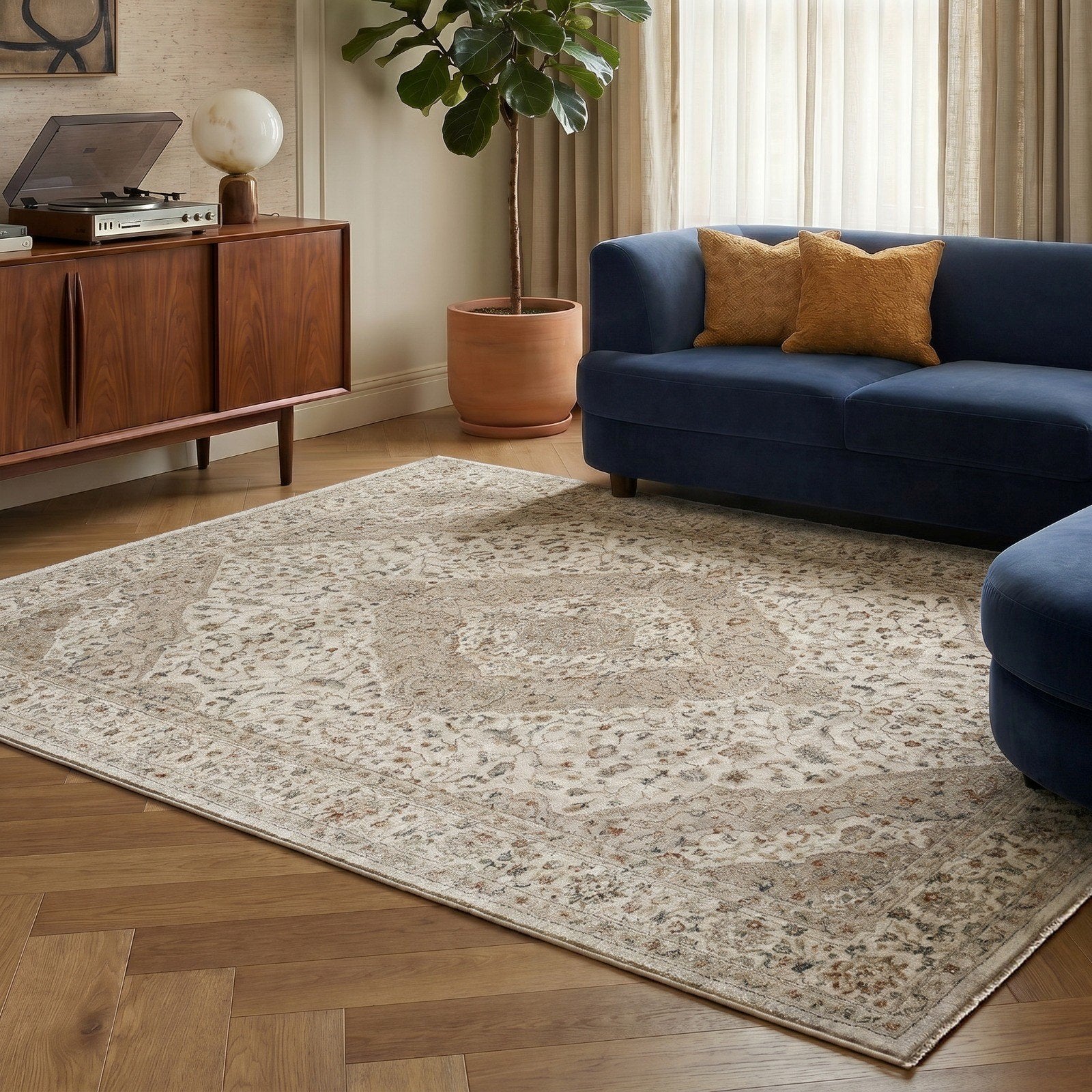 Comila Ivory rug with classic medallion design in a living room