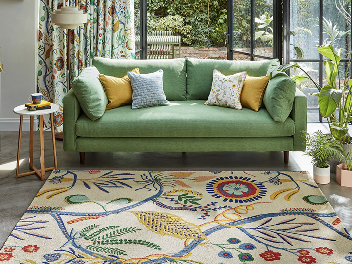 Scion Jackfruit and the Beanstalk Chai Sage rug styled in a room setting