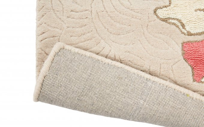 Wedgwood Paeonia Coral 37902 rug corner turned to show the backing
