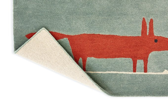 Scion Mr Fox Mint Poppy rug corner turned to show the backing