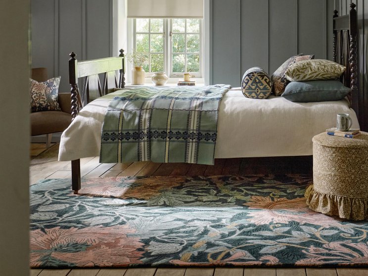 Morris & Co Honeysuckle & Tulip Teal rug styled in a room setting