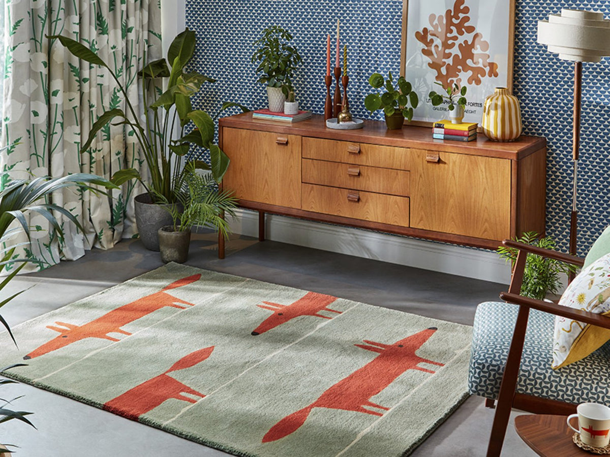 Scion Mr Fox Mint Poppy rug styled in a room setting