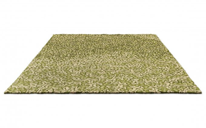 Sanderson Truffle Olive outdoor rug angled view