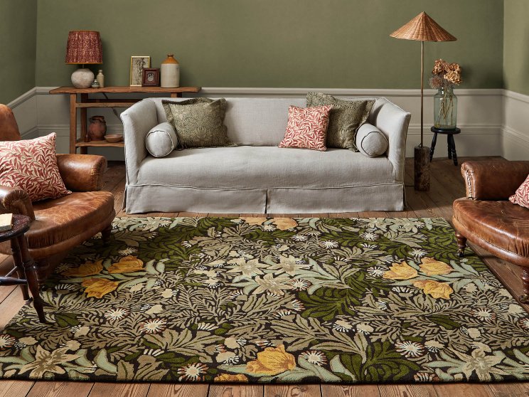 Morris & Co Bower Twining Vine Green rug styled in a room setting