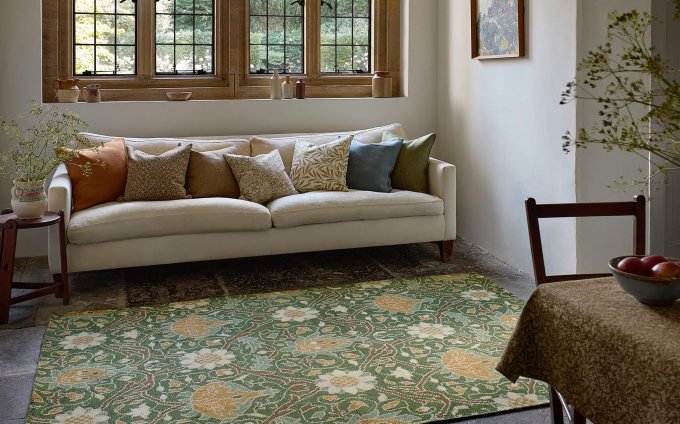 Morris & Co Montreal Forest rug styled in a room setting