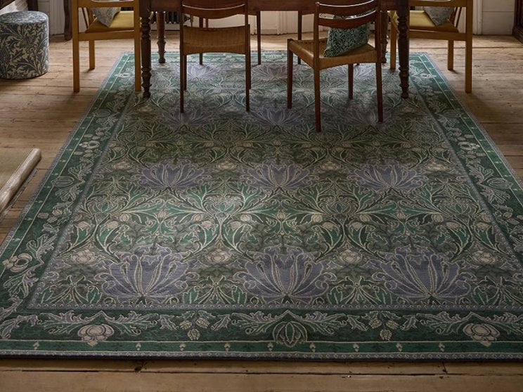 Morris & Co Helena Mineral hand-knotted rug styled in a room setting