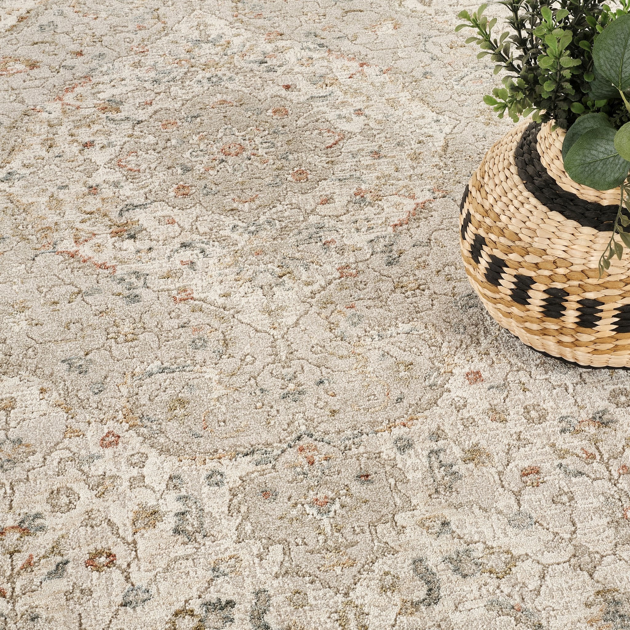 Comila Ivory rug styled detail view
