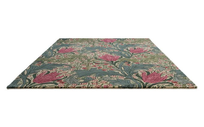 Morris & Co Lent Lily Plum Bayleaf rug angled view