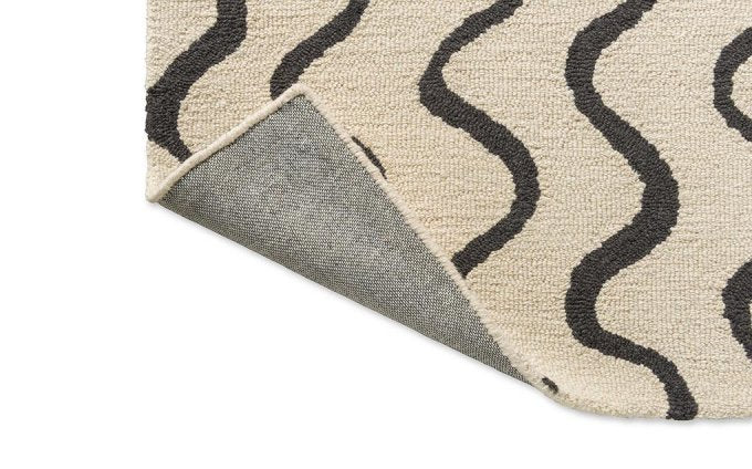Scion Ribbon Charcoal rug corner turned to show the backing