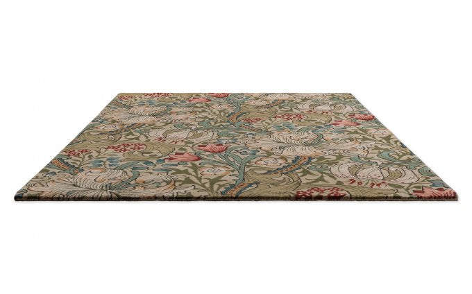 Morris & Co Golden Lily Green Red rug angled view