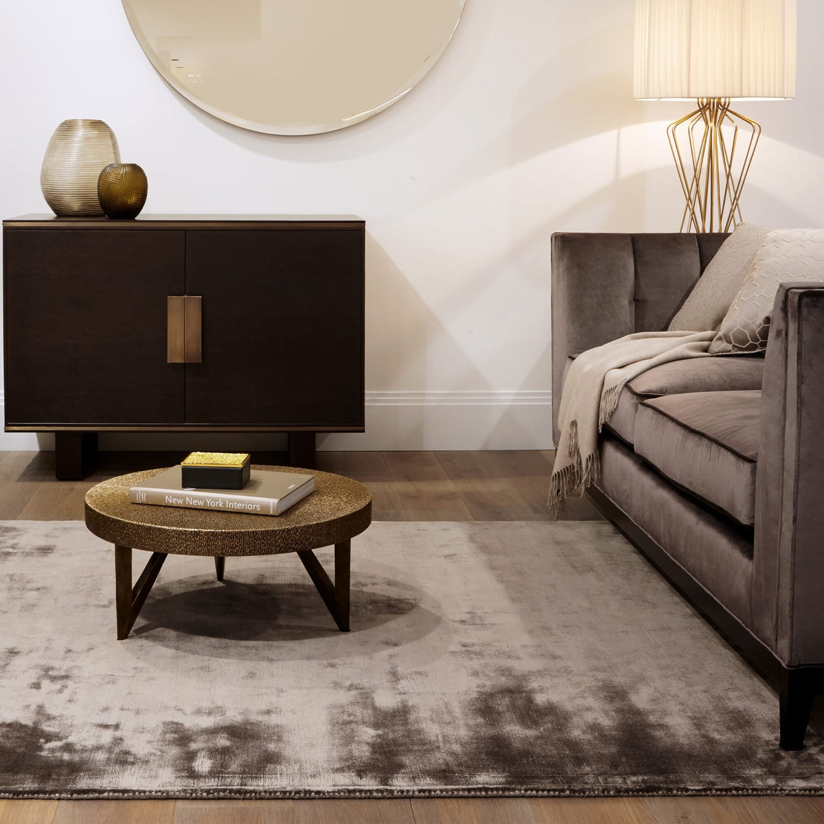 Katherine Carnaby Chrome Mushroom rug in a living room