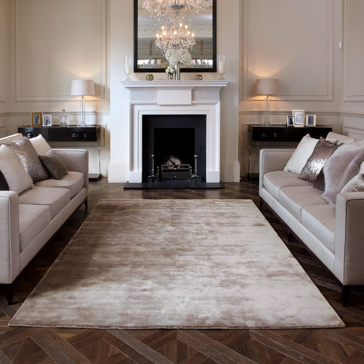 Katherine Carnaby Chrome Taupe rug in a living room