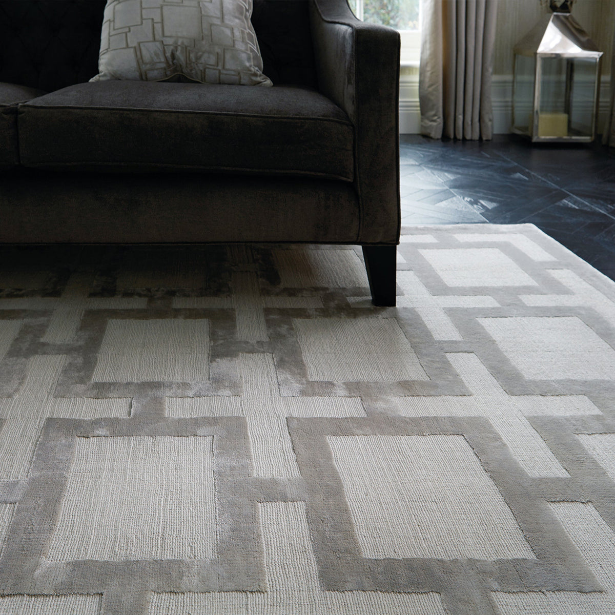 Katherine Carnaby Eaton Silver rug in a living room