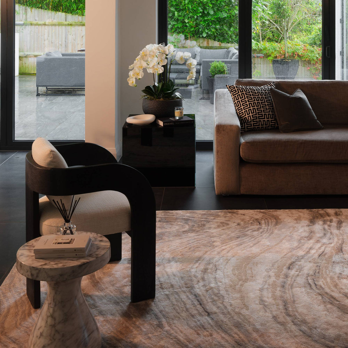 Katherine Carnaby Tuscany Calacatta Marble rug in a living room