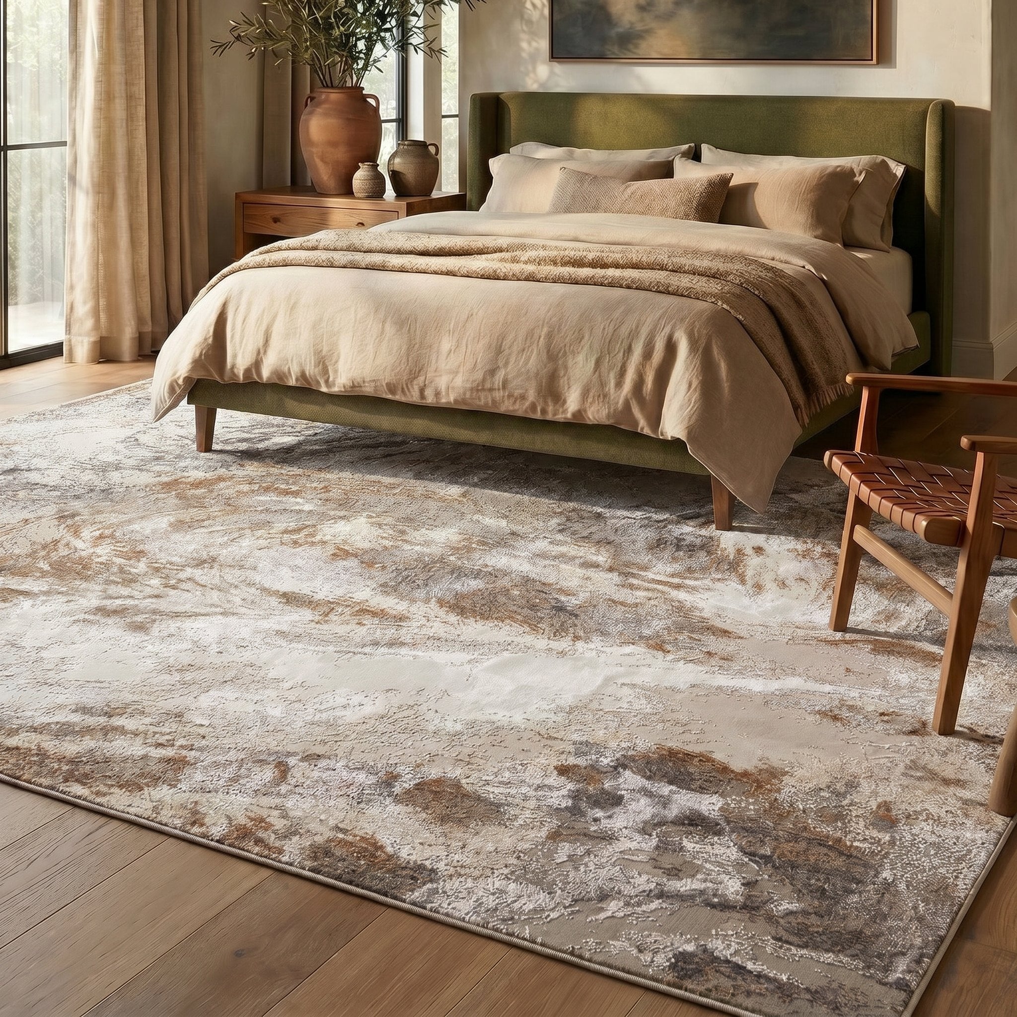 Santa Monica Grey Beige rug in a bedroom