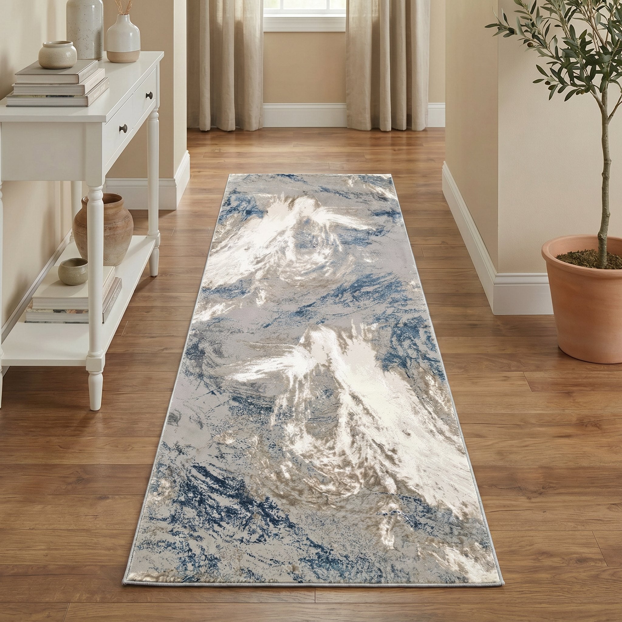 Santa Monica Grey Blue runner rug in a hallway