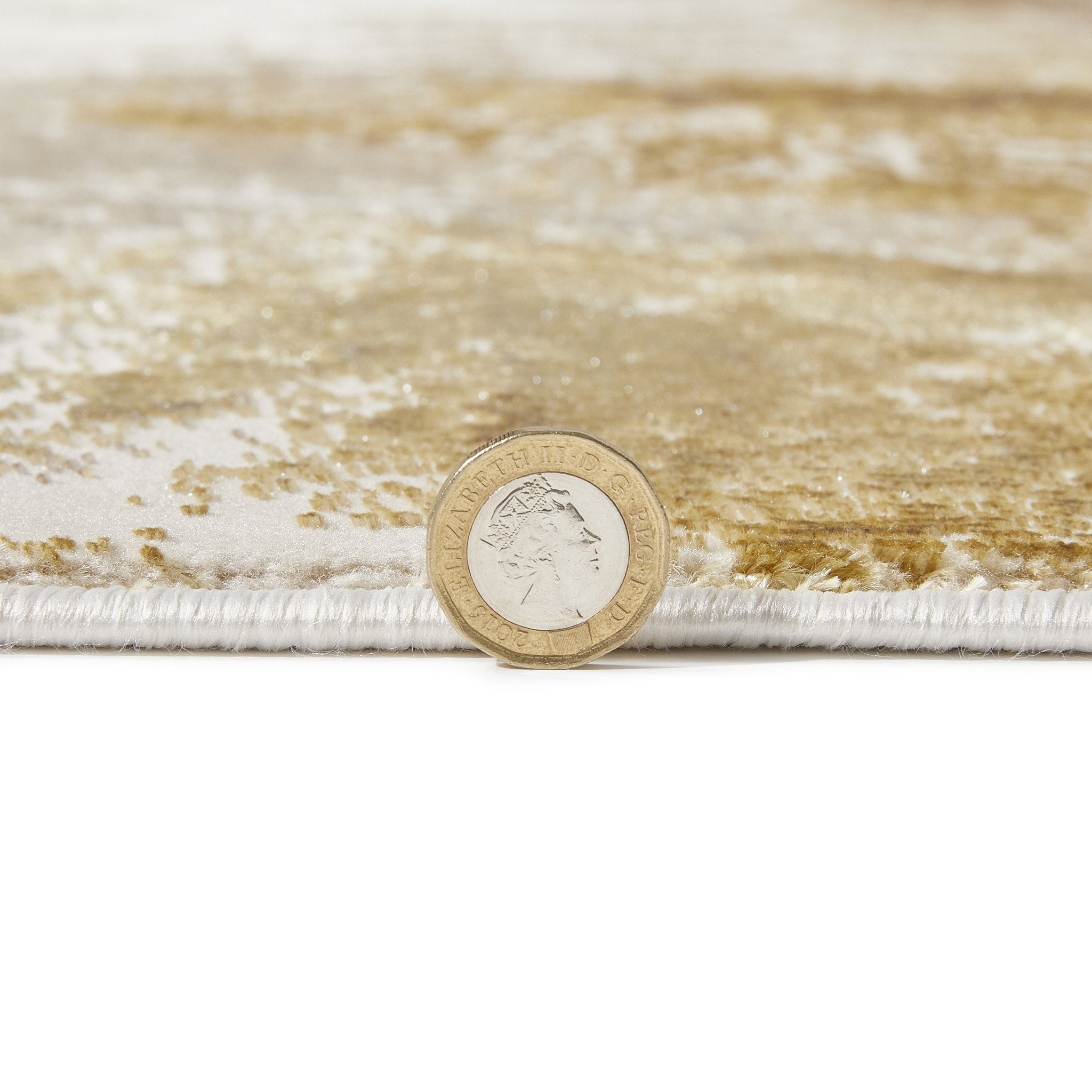 Santa Monica Grey Gold rug pile height shown against a coin for scale