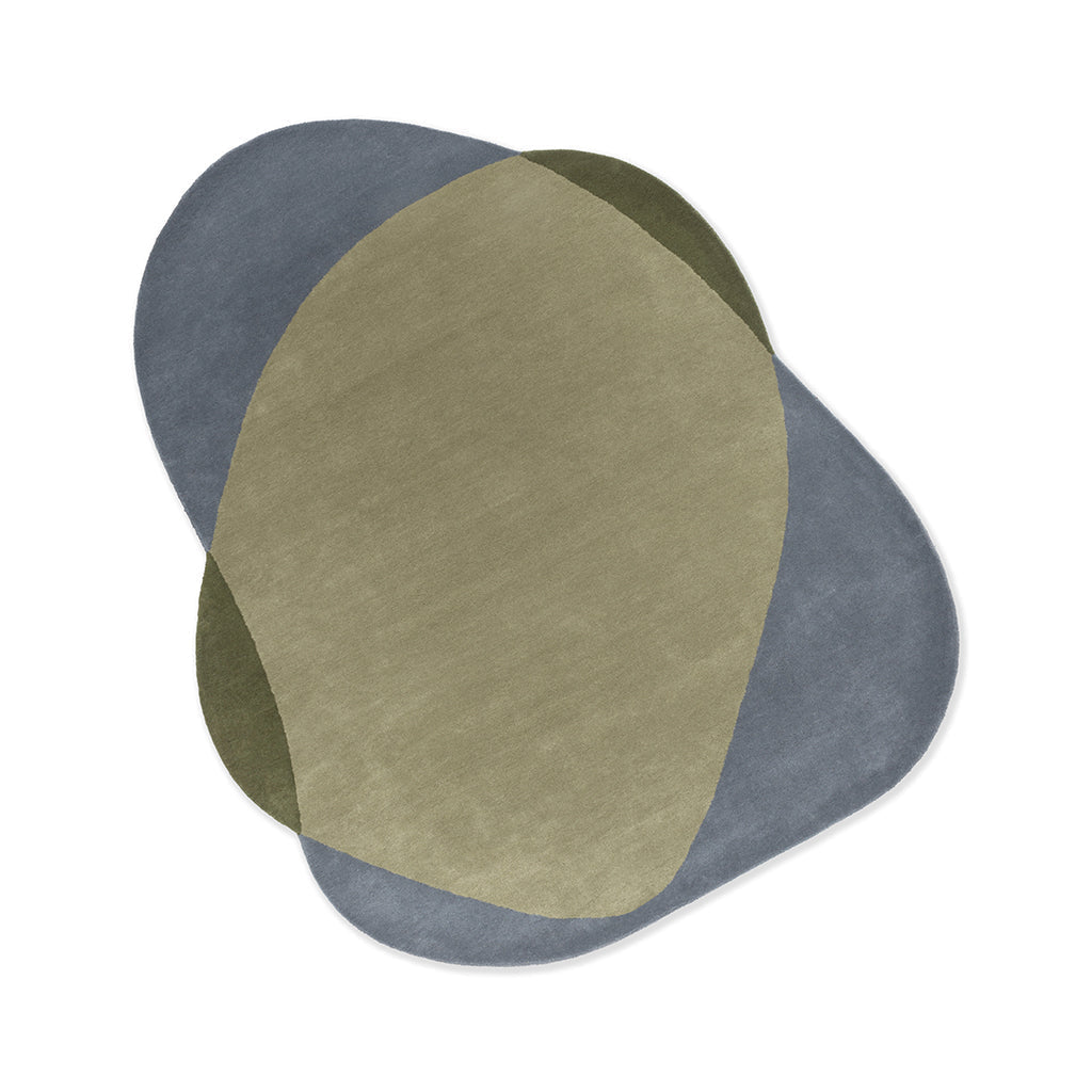 An overhead view of a grey green rug showing its full proportions