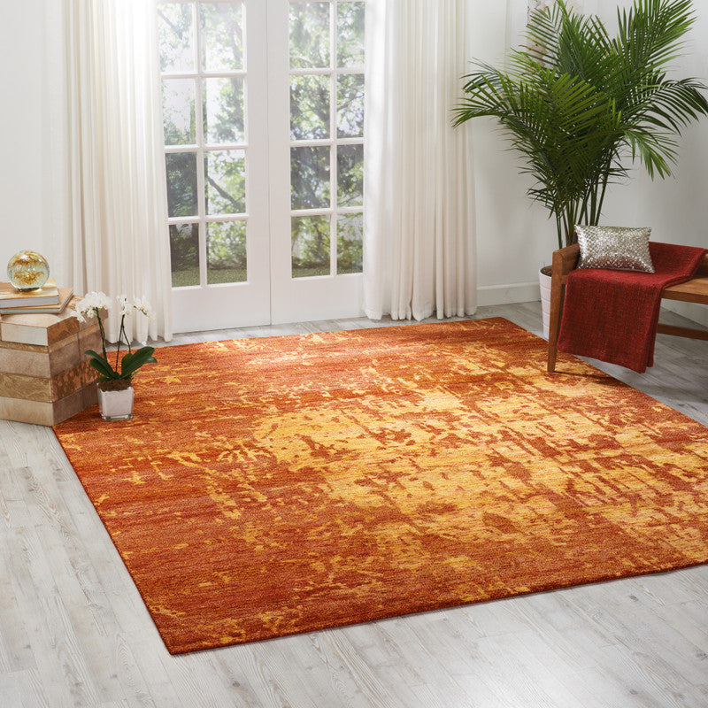 A rug with a lustrous sheen styled in a living room