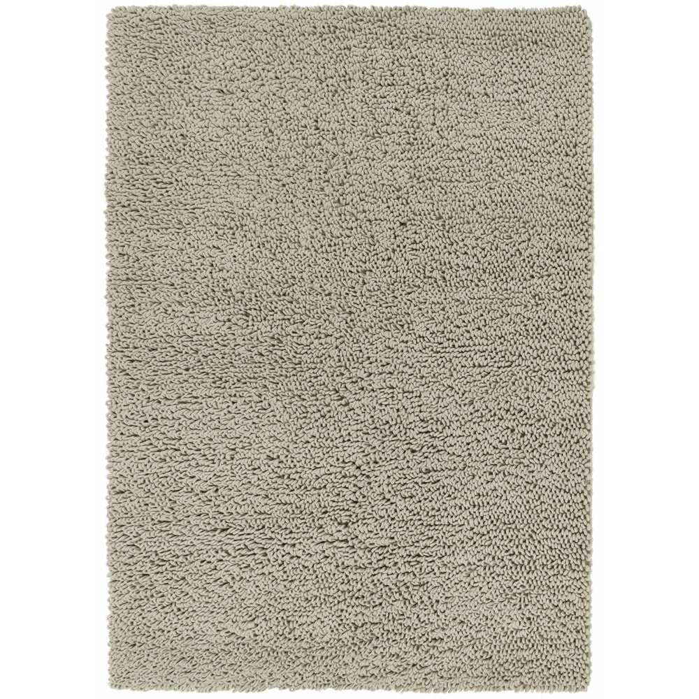 An oyster-toned hand-woven wool rug shown at full size