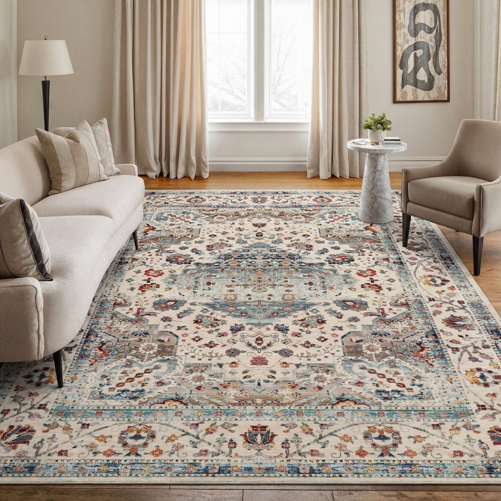 A teal vintage-style rug with the softened palette of age