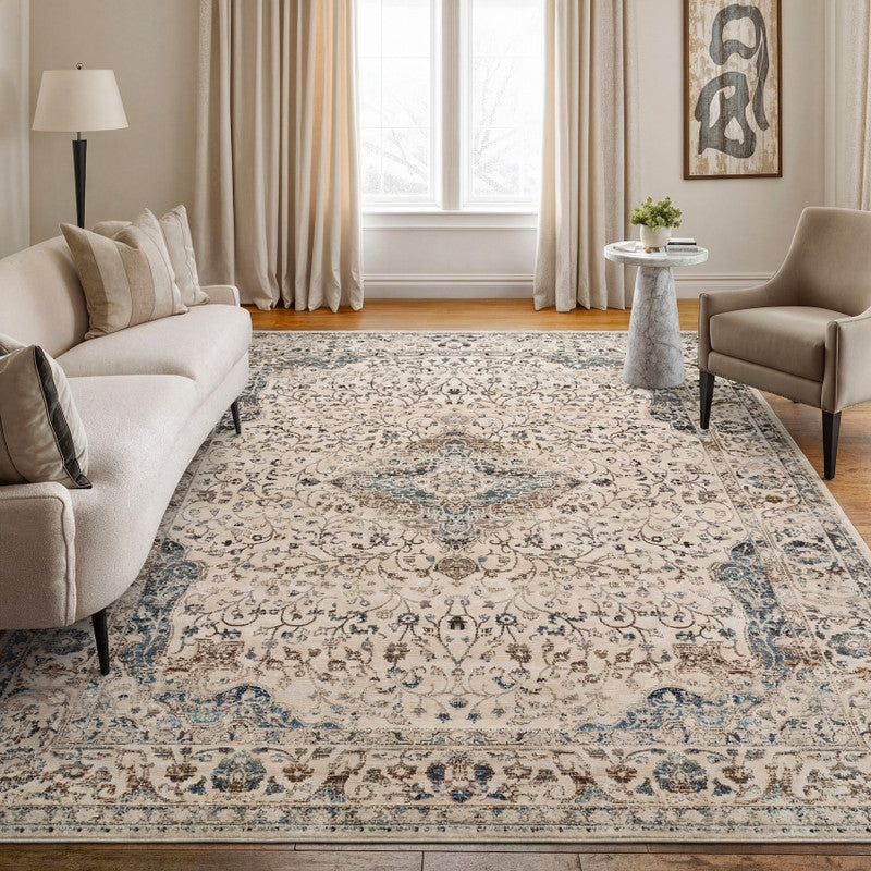 An ivory traditional rug with an intricate hand-drawn pattern