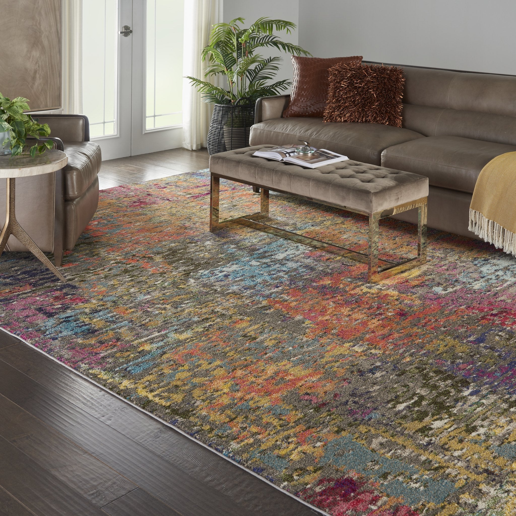 A warm sunset-toned rug suited to autumn interiors