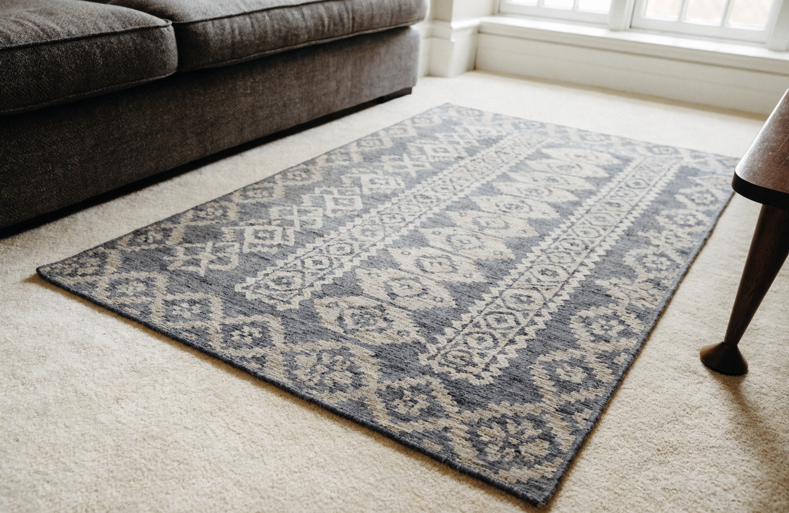 A patterned rug laid squarely over plain fitted carpet with an even border showing