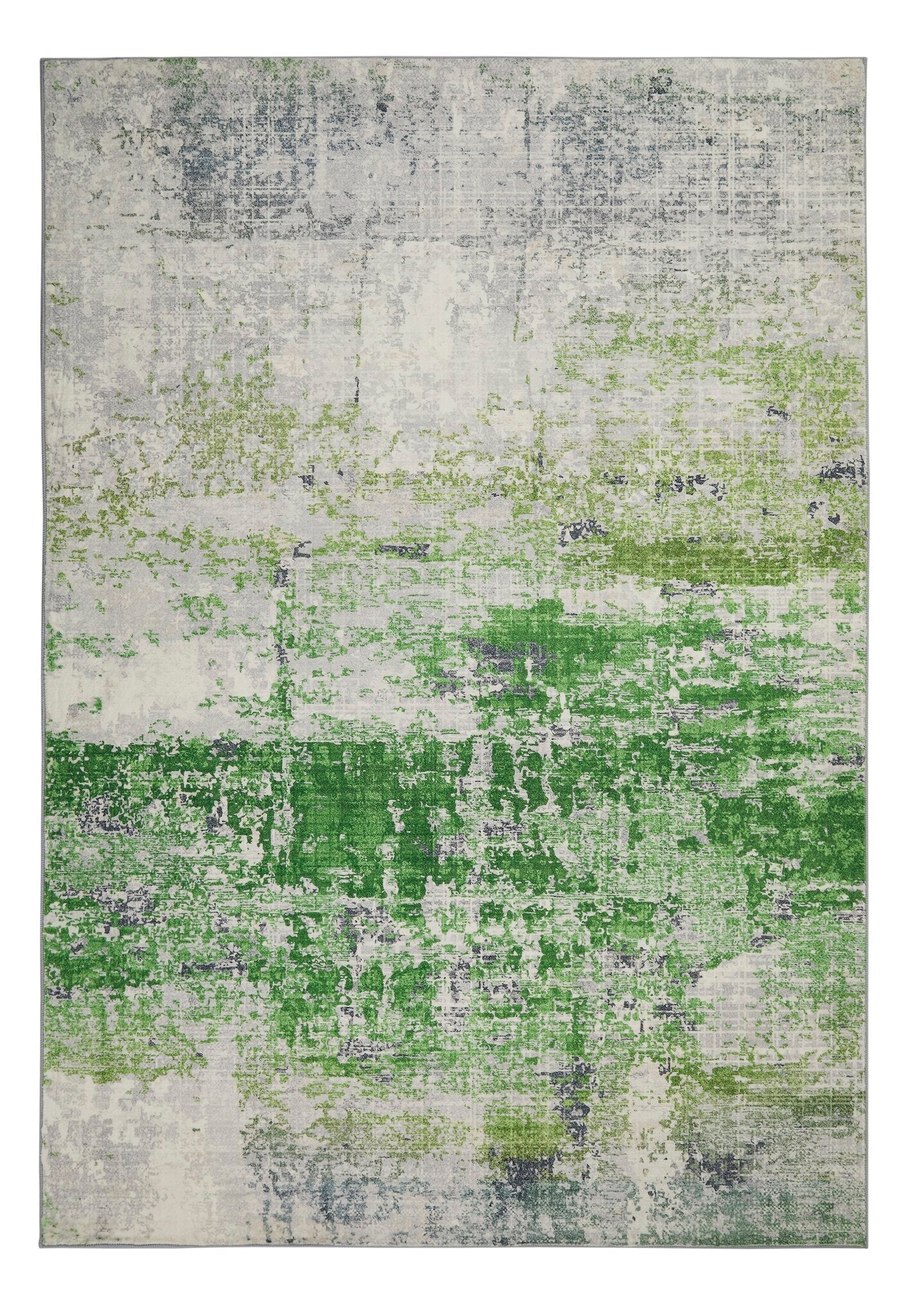 An ivory and green washable rug suited to a dining room