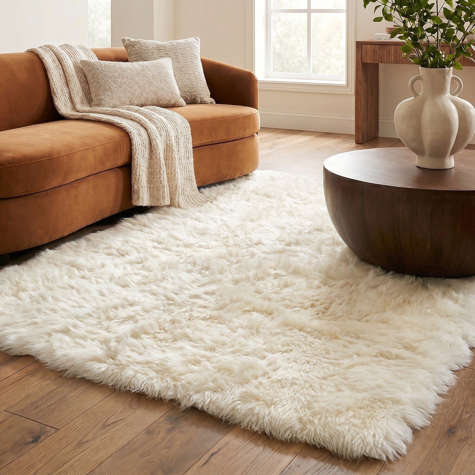 Faux Sheepskin Ivory wool rug in a living room