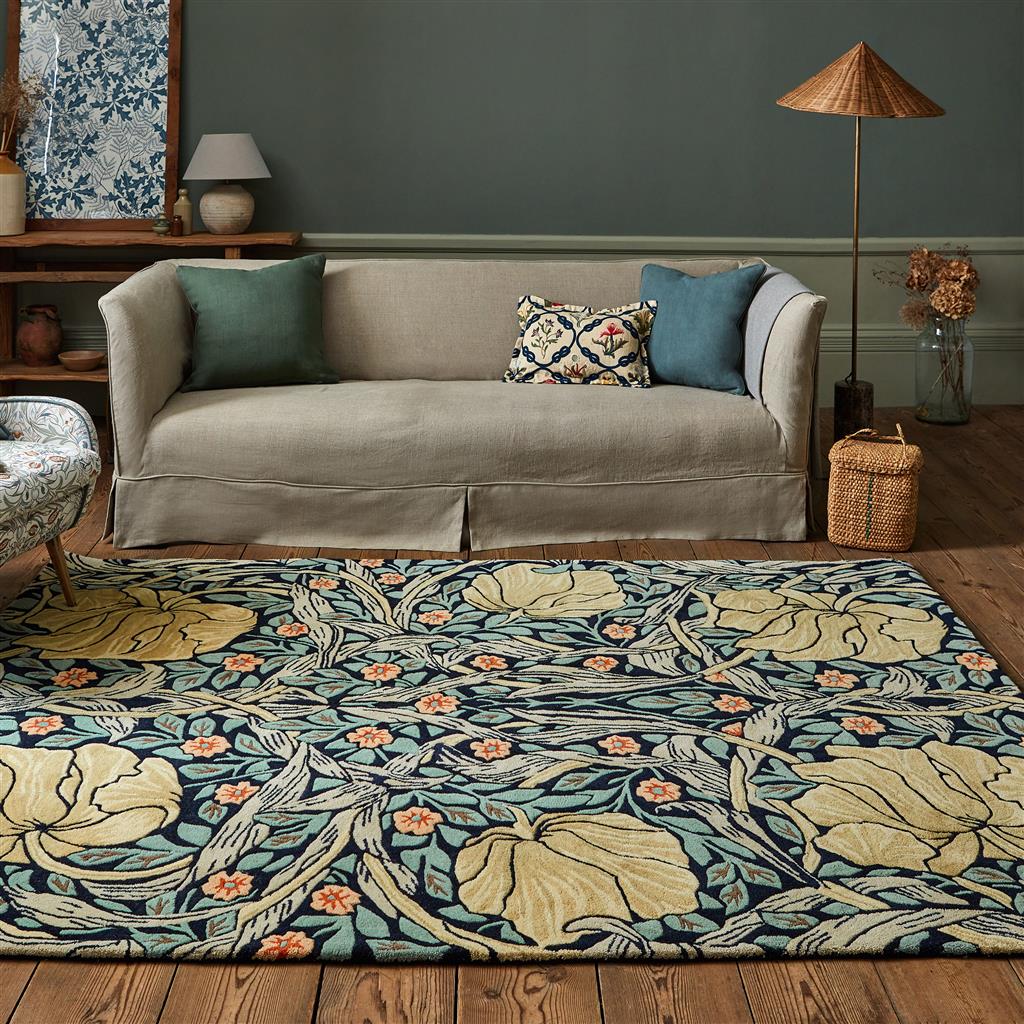 Morris & Co Pimpernel Indigo 28818 rug styled in a room setting