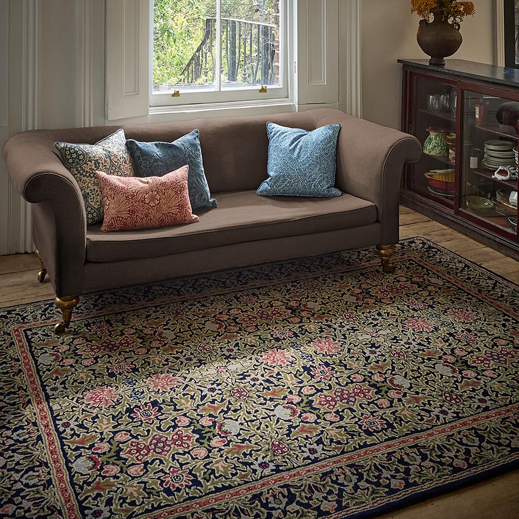 Morris & Co Wilton Weave Indigo rug styled in a room setting