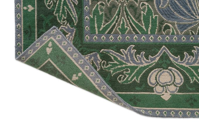 Morris & Co Helena Mineral rug corner turned to show the backing