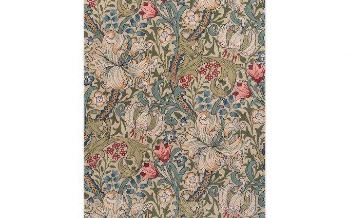 Morris & Co Golden Lily Green Red rug full flat view
