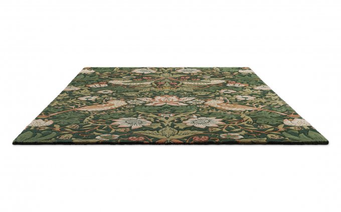 Morris & Co Strawberry Thief Forest rug angled view