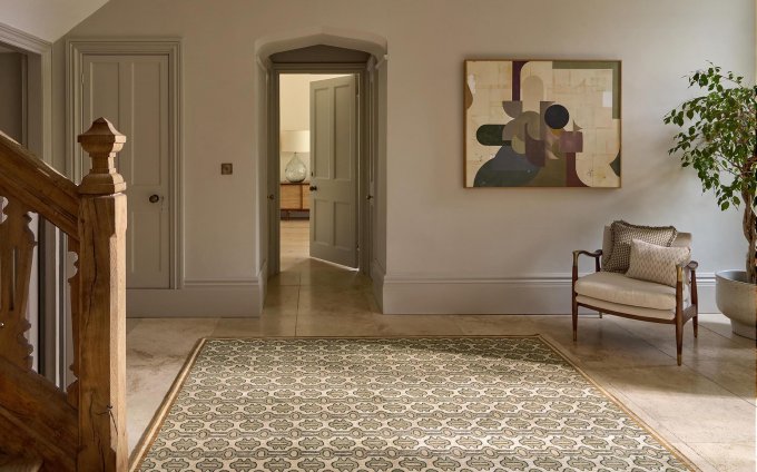 Sanderson Matmi Avocado 148107 rug styled in a room setting