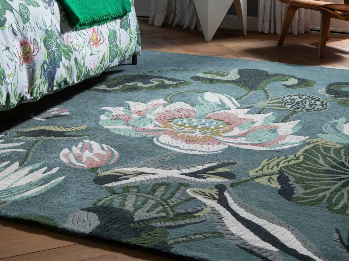 Wedgwood Waterlily Midnight Pond 38608 rug styled in a room setting