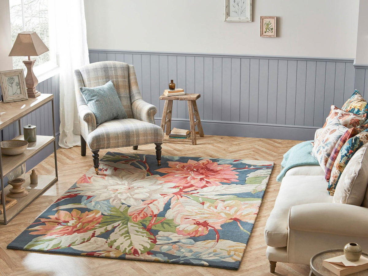 Sanderson Dahlia & Rosehip Teal 50608 rug styled in a room setting