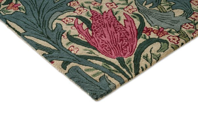 Morris & Co Lent Lily Plum Bayleaf rug corner detail
