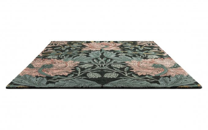 Morris & Co Honeysuckle & Tulip Teal rug angled view