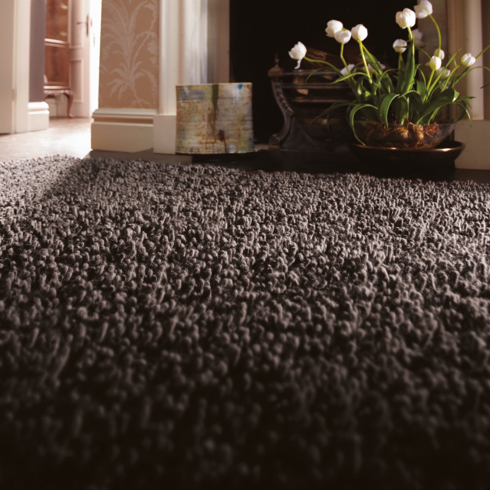 Imperial Fossil shaggy wool rug styled in a room setting