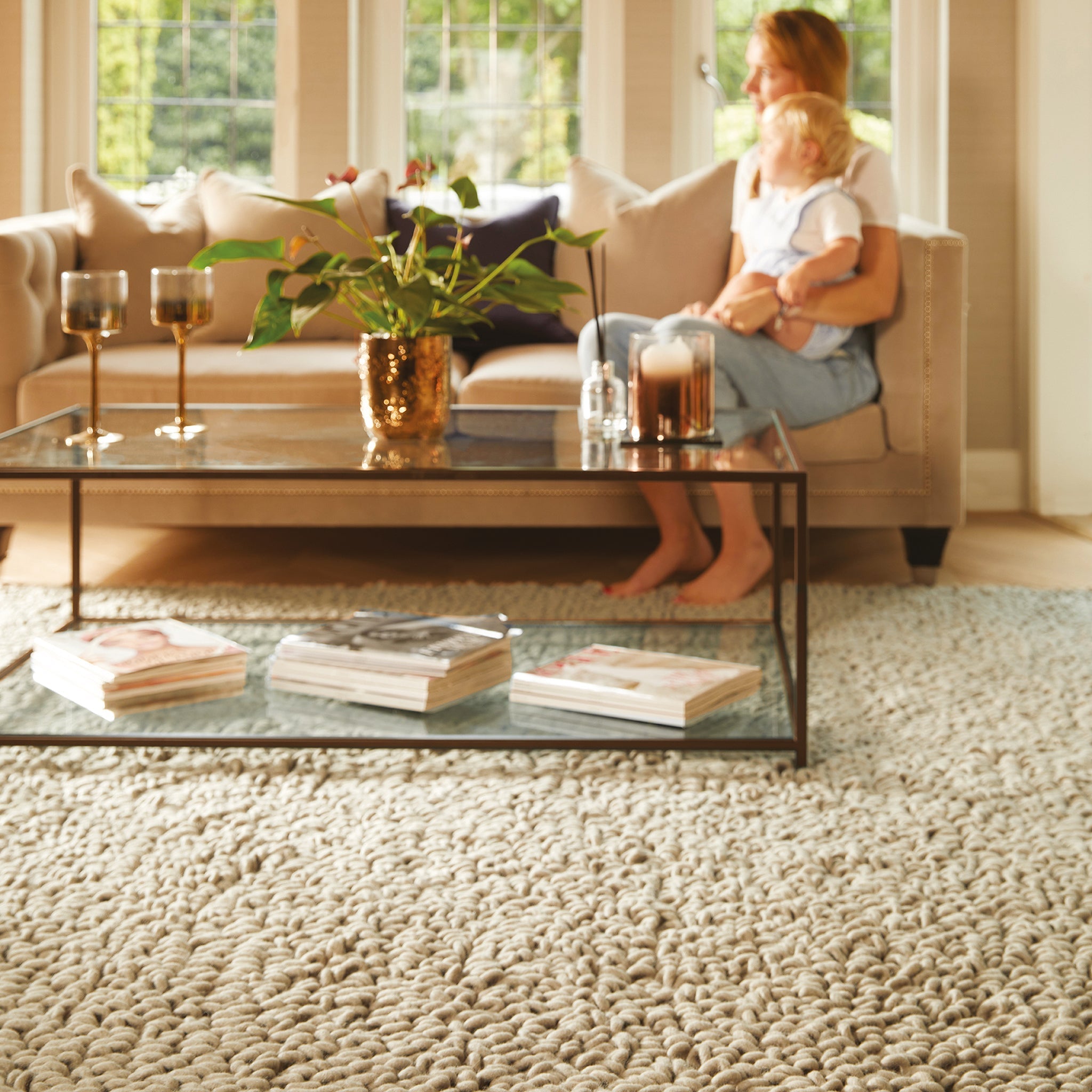 Union Oyster hand-woven wool rug styled in a room setting