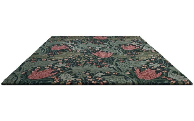 Morris & Co Lent Lily Indigo Madder rug angled view