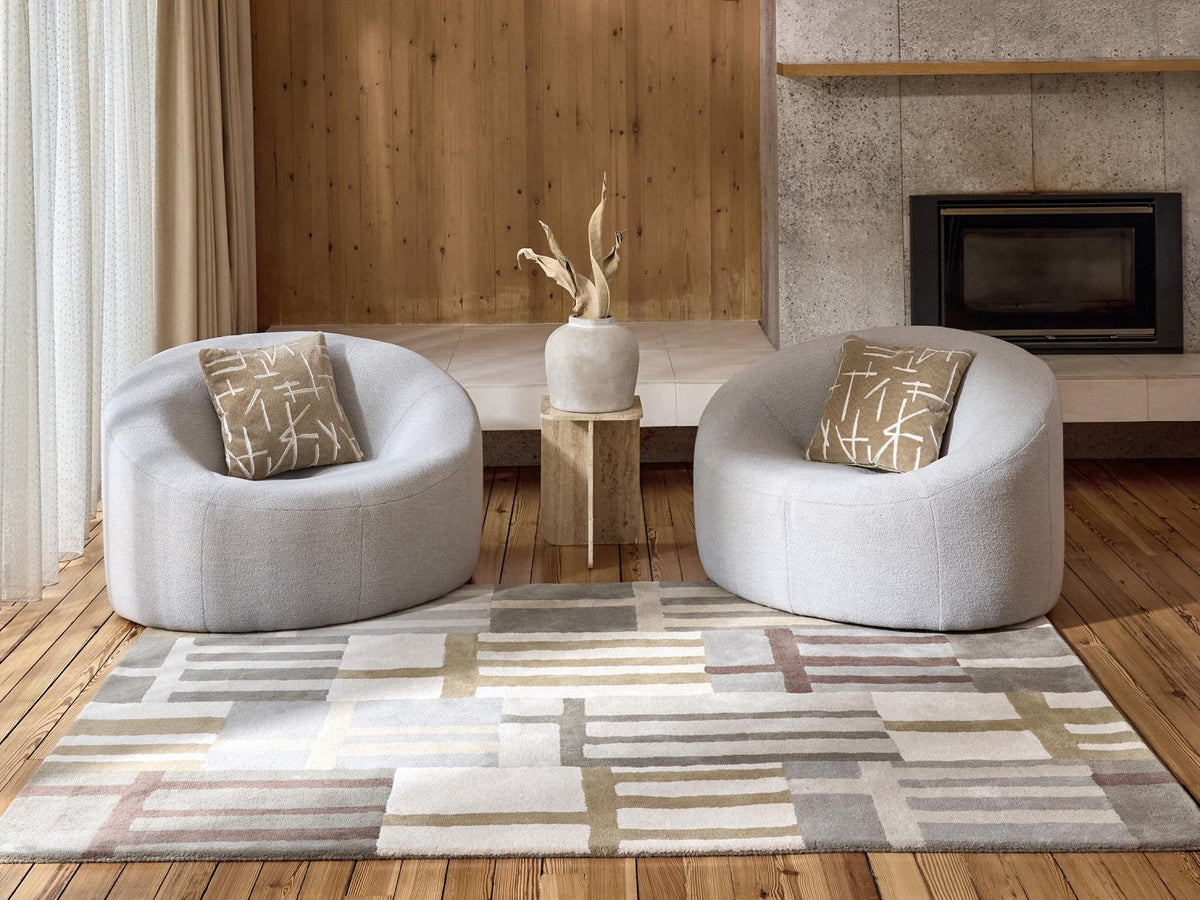 Harlequin Monolith Sandstone 144201 rug styled in a room setting