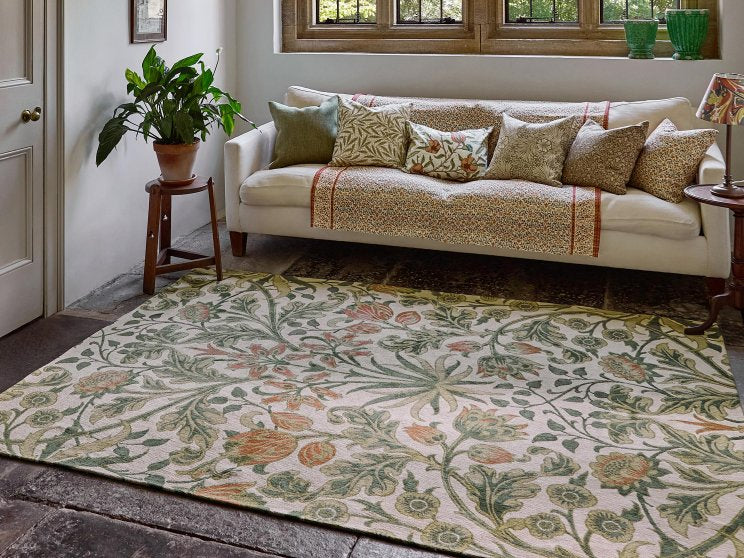 Morris & Co Hyacinth Natural rug styled in a room setting