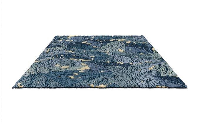 Morris & Co Acanthus Indigo outdoor rug angled view