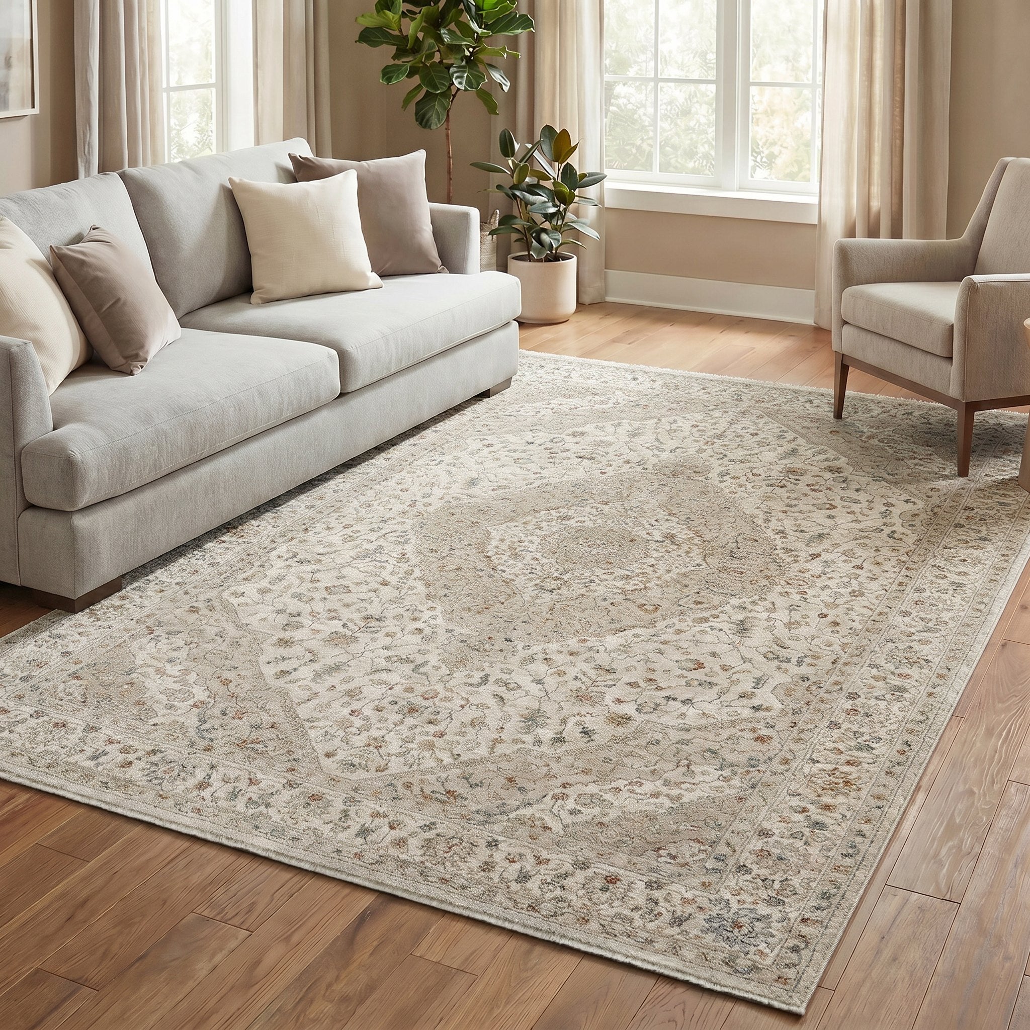 Comila Ivory rug styled in a bright living room