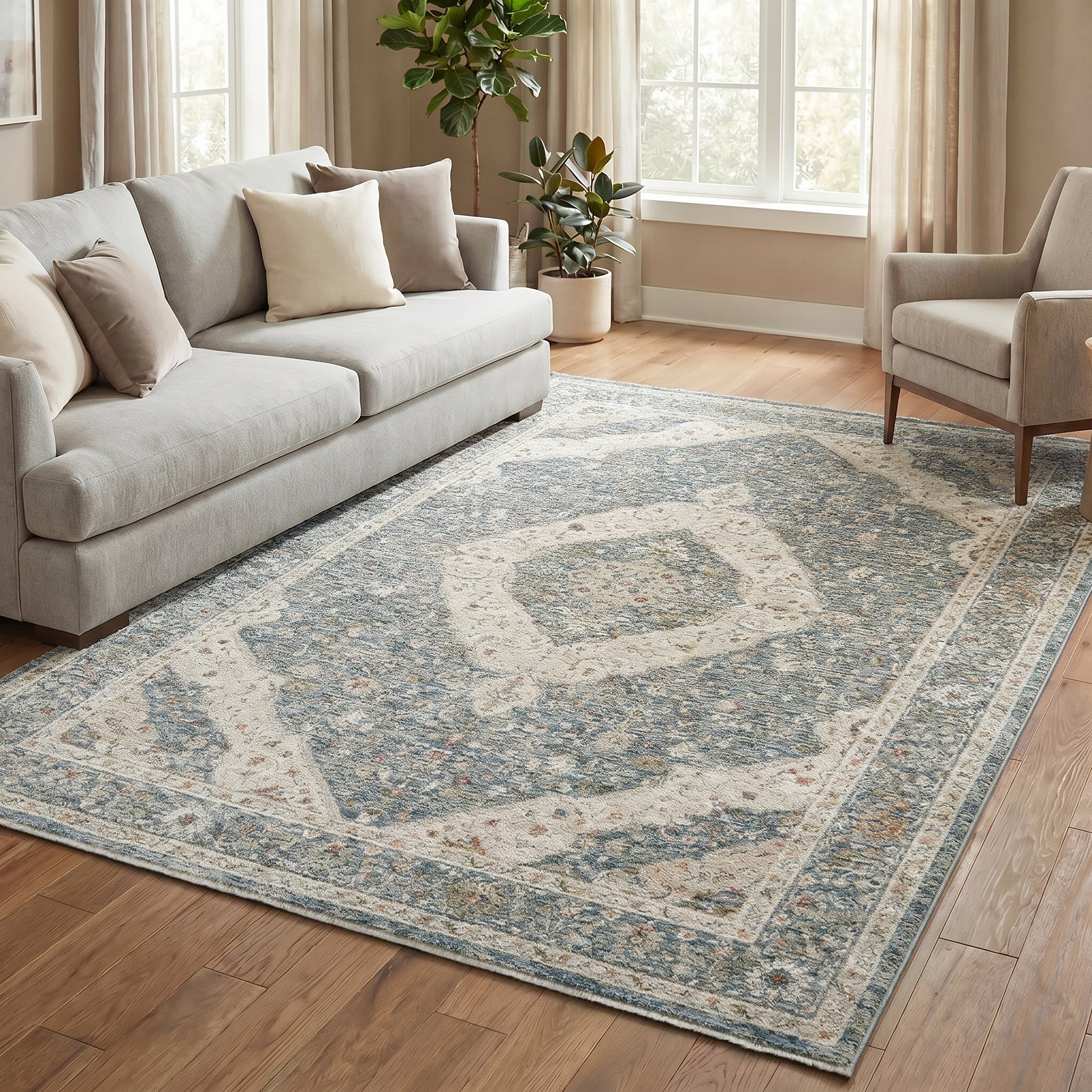 Comila Light Blue rug styled in a bright living room